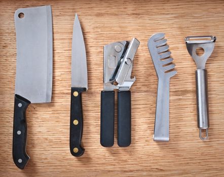 Detailed image of various modern kitchen utensils