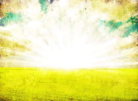 grunge image of green field and blue sky