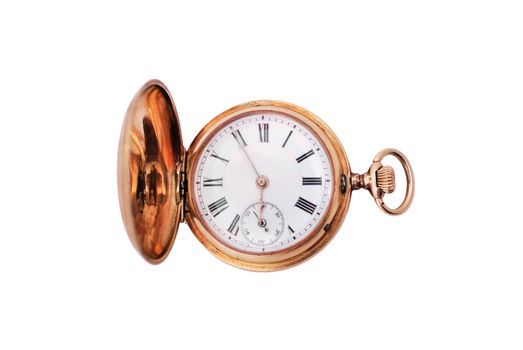old gold pocket watch on a white background