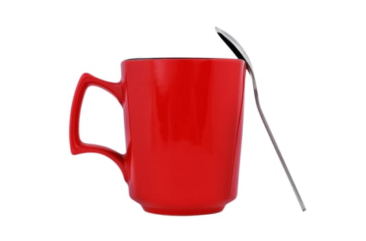 empty red cup and spoon on a white background