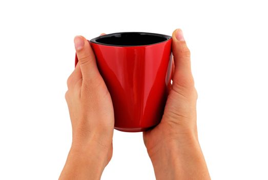 red cup in hand on white background