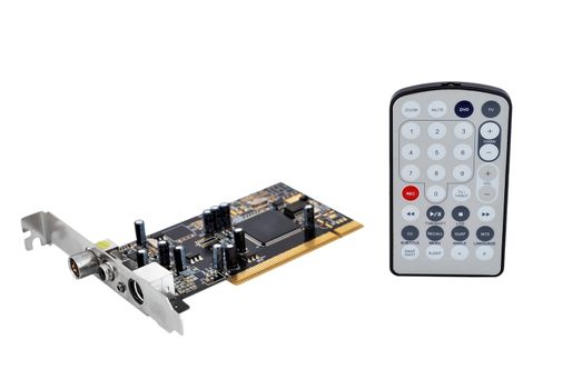 TV tuner card and remote control on a white background