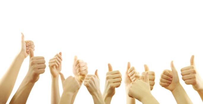 Many hand lifted up on white background