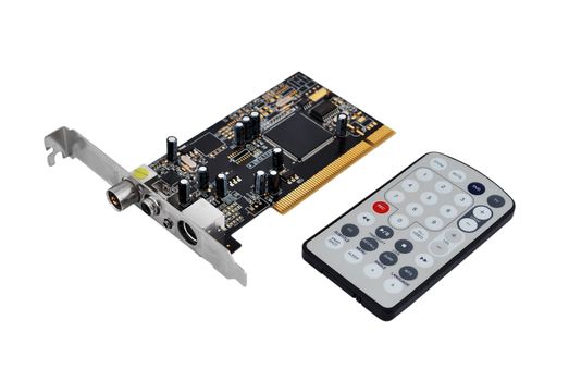 TV tuner card and remote control on a white background