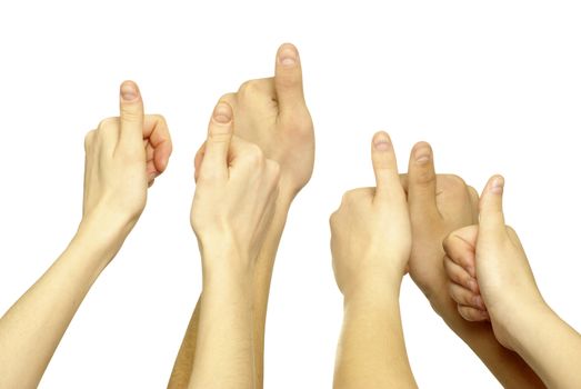 Many hand lifted up on white background