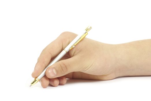 pen in woman hand isolated on white background 