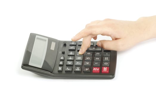 calculator with hand isolated on a white