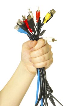 Computer cables in hand isolated on white background