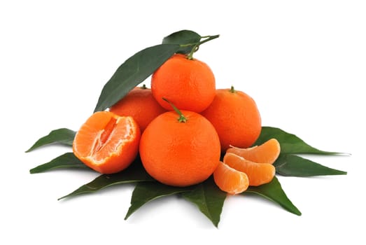 tangerines with leaves on white background