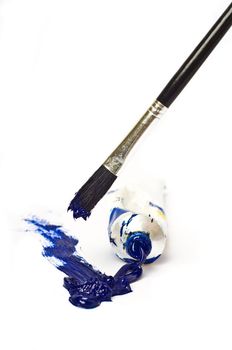 blue artistic paint and brush stroke. isolated over white.