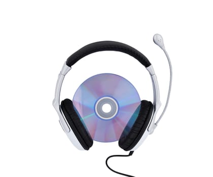 Headphones with a microphone and a CD on a white background