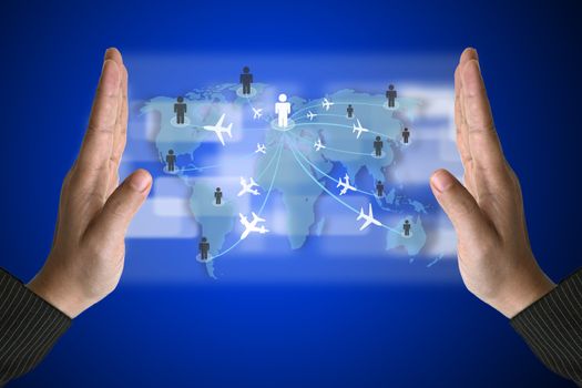 Business Hand with World Travelling concept on Technology Virtual Screen