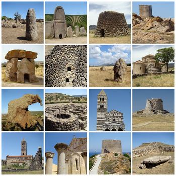 collage with ancient landmarks of mediterranean cultural heritage of Sardinia, Italy, Europe