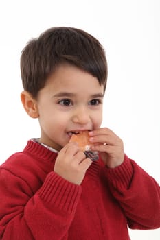 Child eating grapefruit on white background