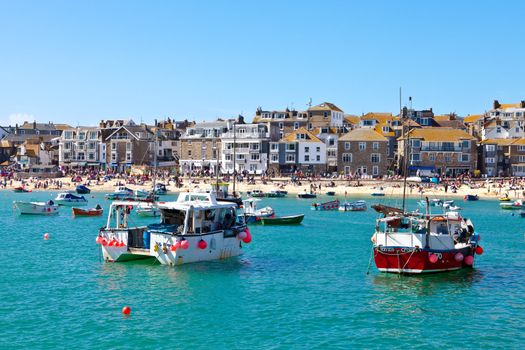 Nice view of St Ives harbour and beach in Conrwall, UK on a sunny day