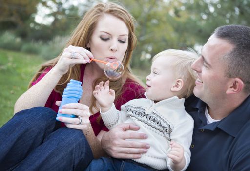 Attractive Young Parents Having Fun Blowing Bubbles with their Child Boy in the Park.