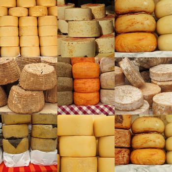 collage of cheese on italian farmer market, Italy
