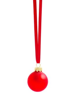 Christmas ball hanging with ribbons on white background