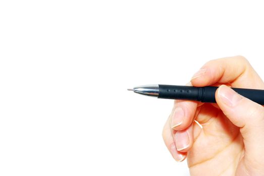 Hand and pen on the white background