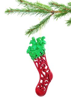 Pine branches and christmas toy isolated on white background