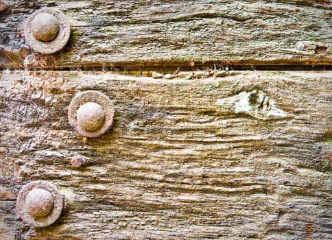 Extremely weathered wooden background with rusty bolts