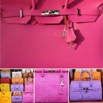 collage with colorful fine leather handbags collection  from Florence