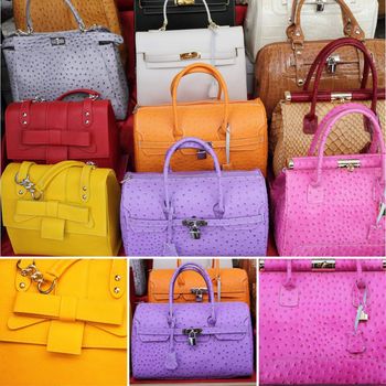 collage with colorful leather handbags collection