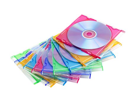 a stack of colored DVDs in boxes isolated on white background