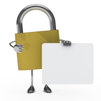metal lock figure hold a white billboard