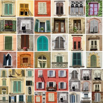 colorful collage made of antique windows in Italy