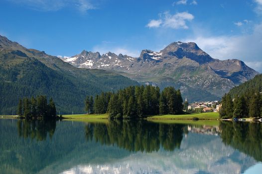 Swiss Alpine Landscape with lake, woodland and small town