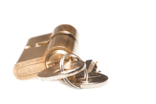 isolated old type  steel key and lock on white background