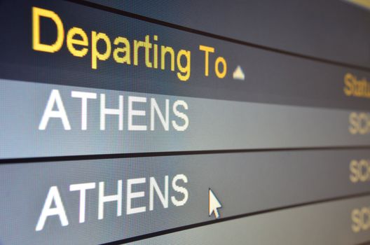 Computer screen closeup of Athens flight status