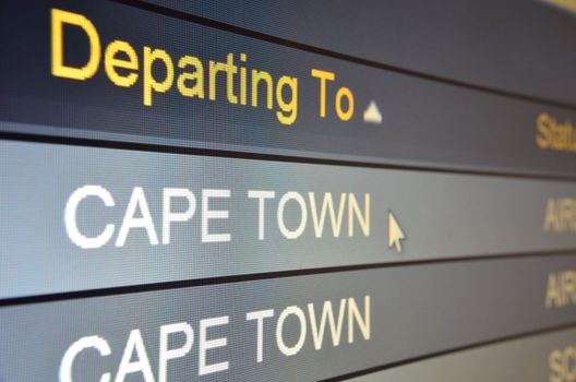 Computer screen closeup of Cape Town flight status