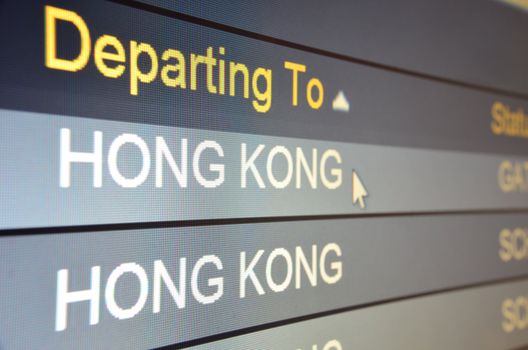 Computer screen closeup of Hong Kong flight status