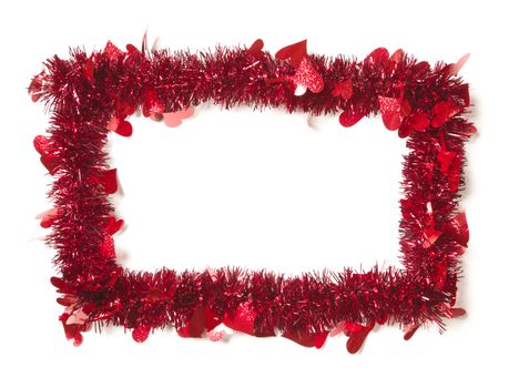 Red Tinsel with Hearts Border Frame Shape on a White Background Ready For Your Own Message.