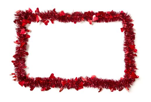 Red Tinsel with Hearts Border Frame Shape on a White Background Ready For Your Own Message.