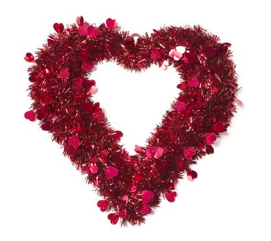 Heart Shaped Shiny Tinsel with Small Hearts on a White Background.