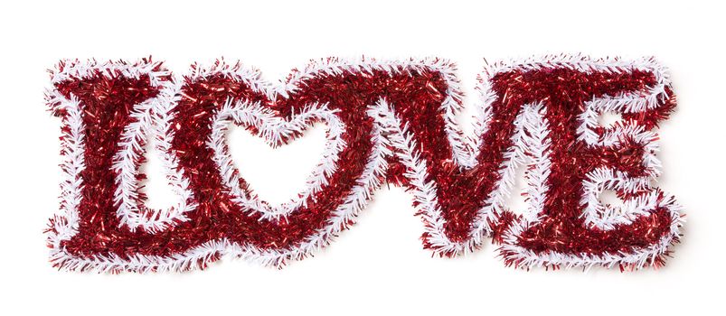 The Word Love Shaped White and Red Tinsel on a White Background.