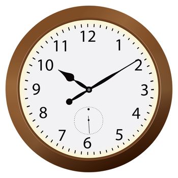 Round wall clock in a wooden case. Vector illustration.