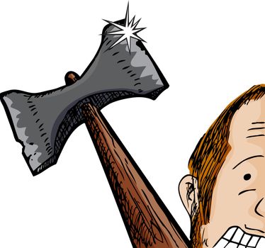 Scared man with giant axe behind his head over white