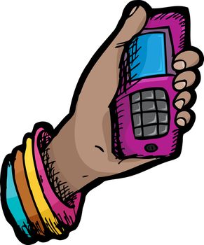 Mobile telephone held in a female hand over white