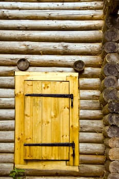 Old log house background and new wooden door of board set.