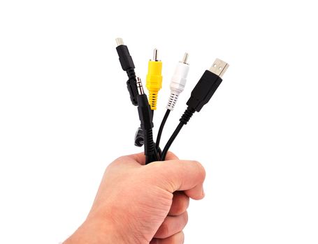 computer wire in his hand on a white background