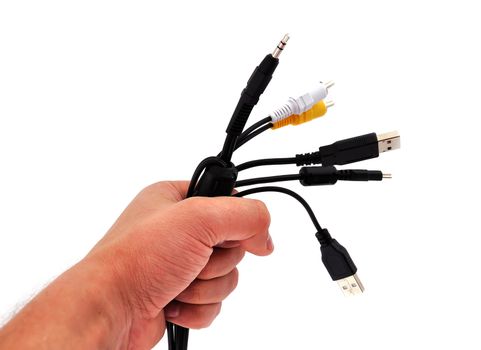 computer wire in his hand on a white background