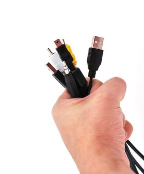 computer wires in his hand on a white background