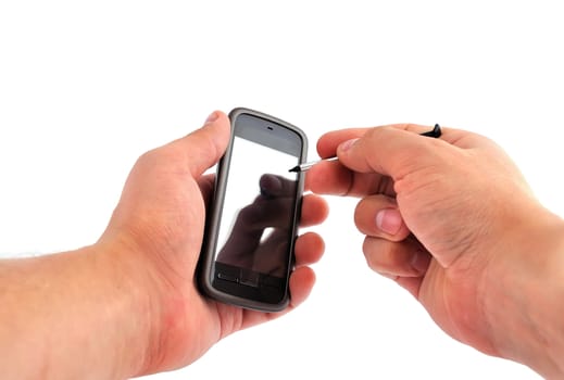 touchscreen mobile phone in hand on white background