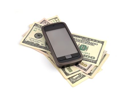 touchscreen mobile phone and dollars on white background