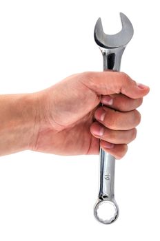 wrench in his hand on a white background
