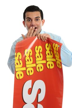 A shopkeeper holding a sale sign banner and showing a surprised look